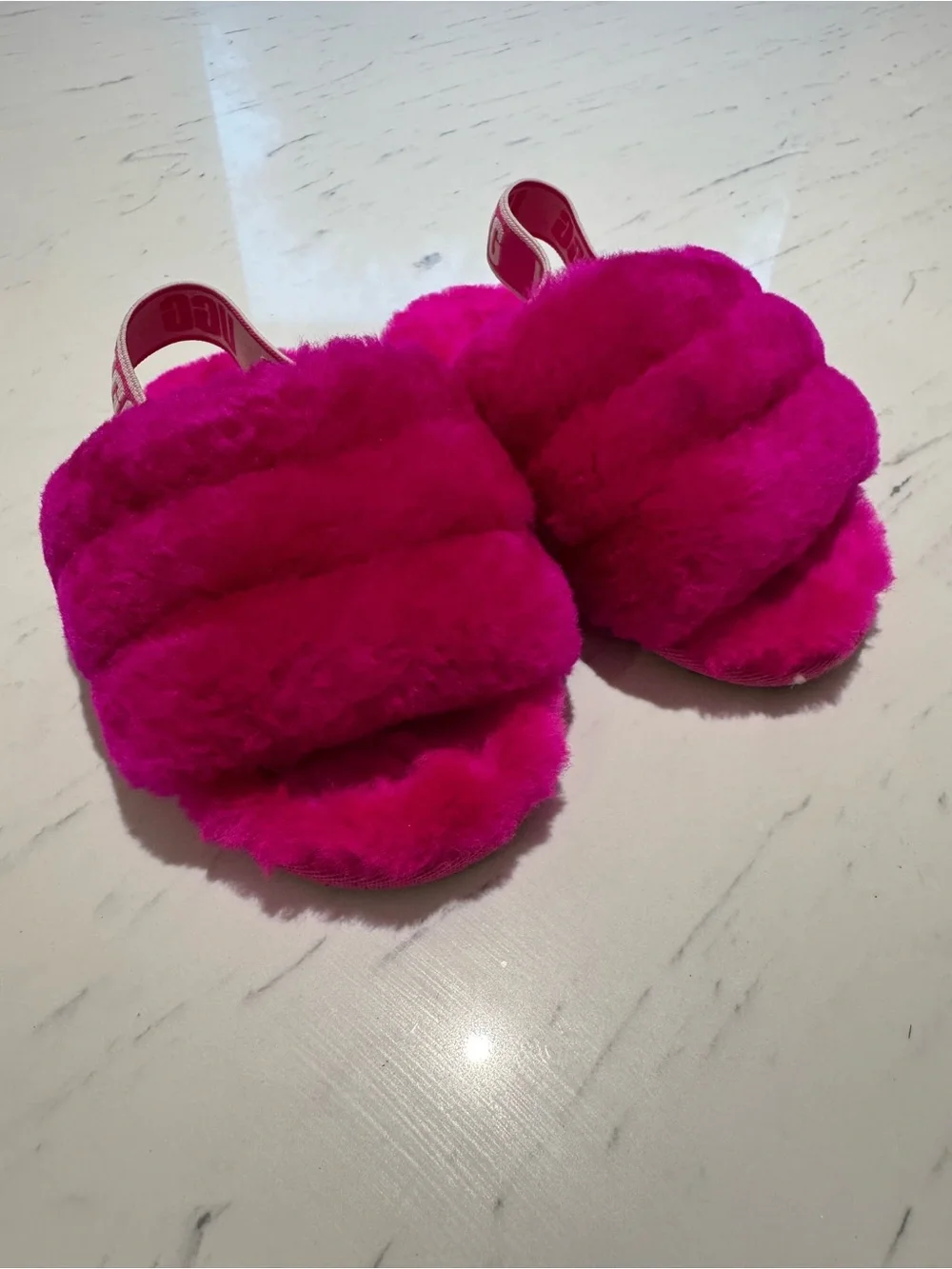 UGG Toddler Hot Pink Fluff Slide with Branded Heel Strap